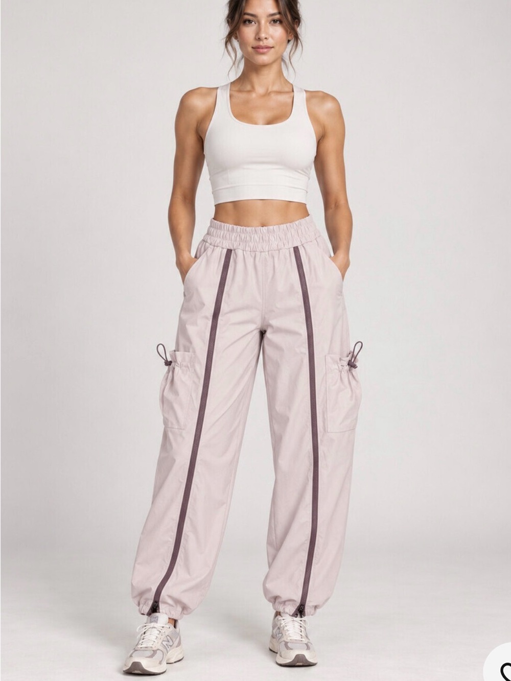 Athleta Stay Fly Pants Lavender Medium Tall Y2K Cargo Parachute Zip Techwear